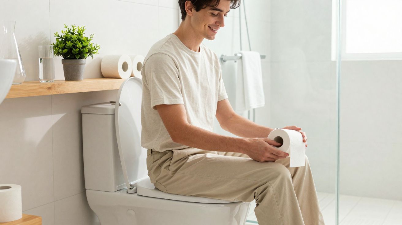 Homem sentado numa sanita, segurando um rolo de papel higiénico, num banheiro claro e moderno.