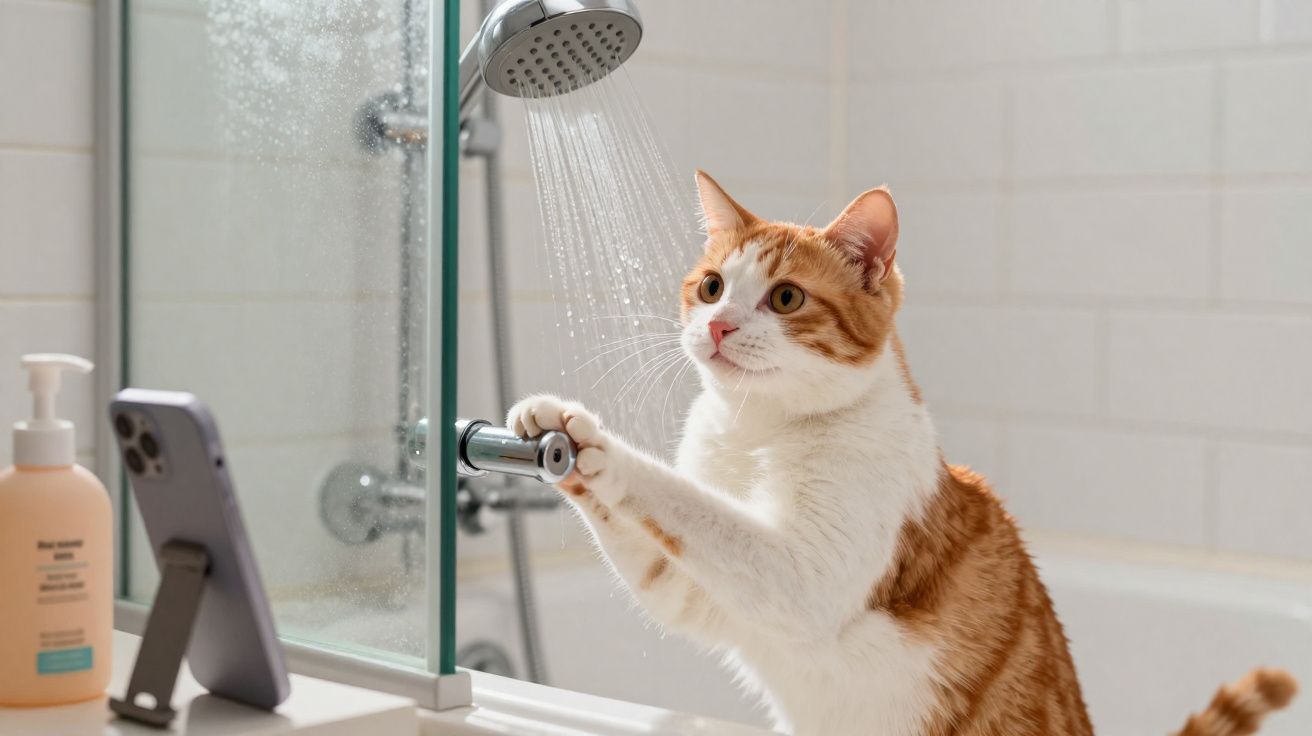 Gato ruivo a mexer no misturador da água, em frente a chuveiro ligado dentro de casa de banho moderna.