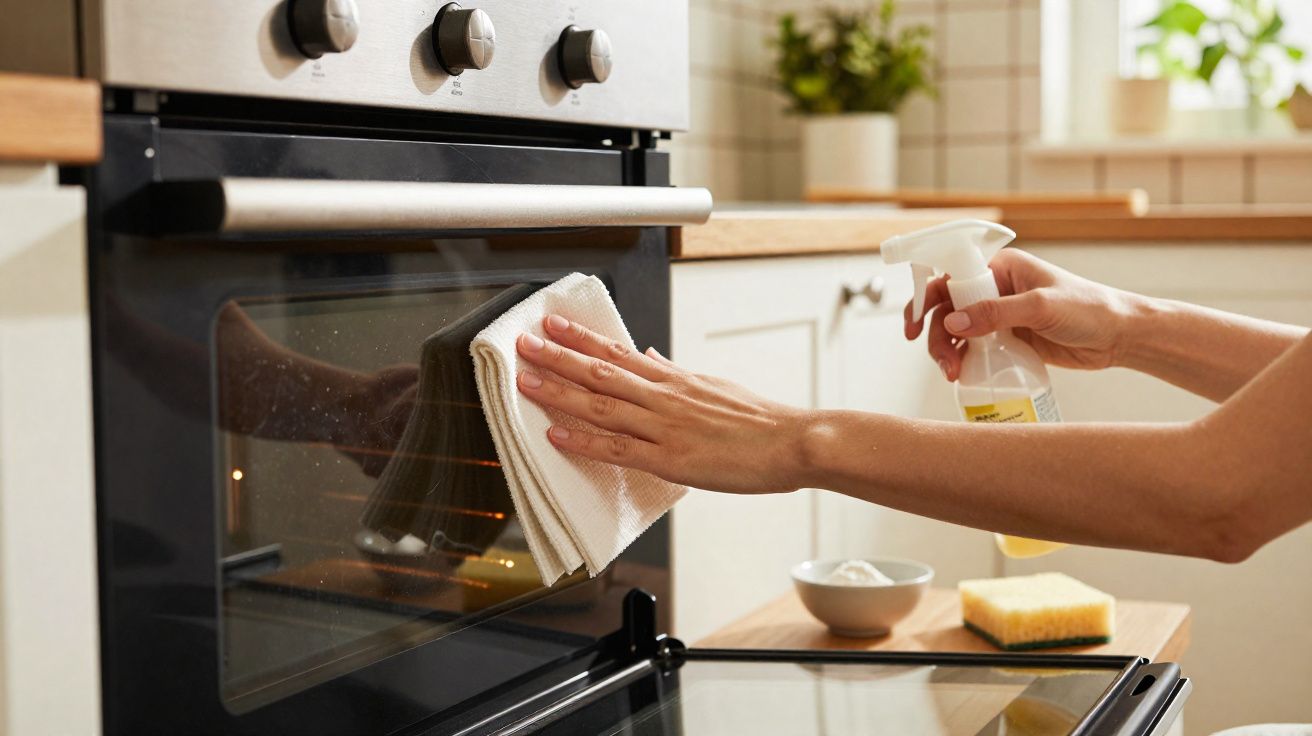Pessoa a limpar a porta de um forno aberto com um pano branco e spray de limpeza numa cozinha iluminada.