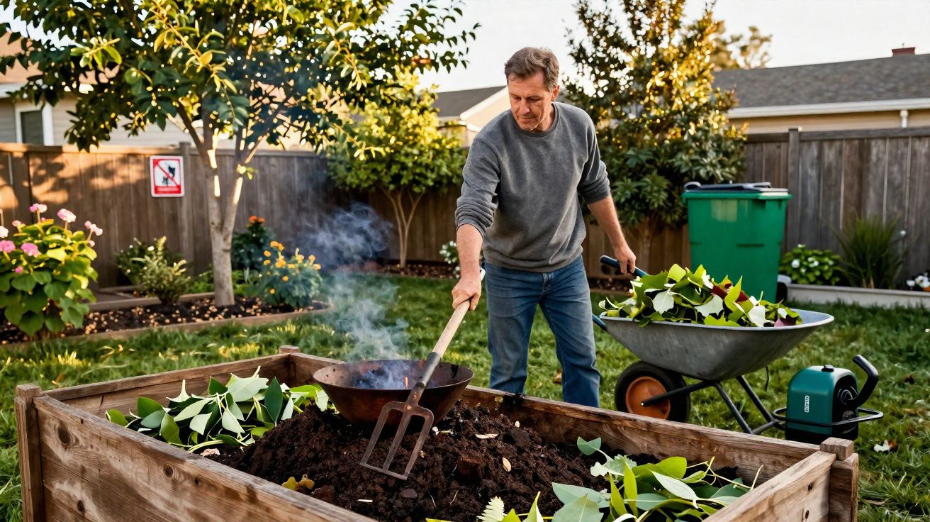 Homem a fazer compostagem num canteiro elevado com folhas e restos de jardim numa calha metálica.