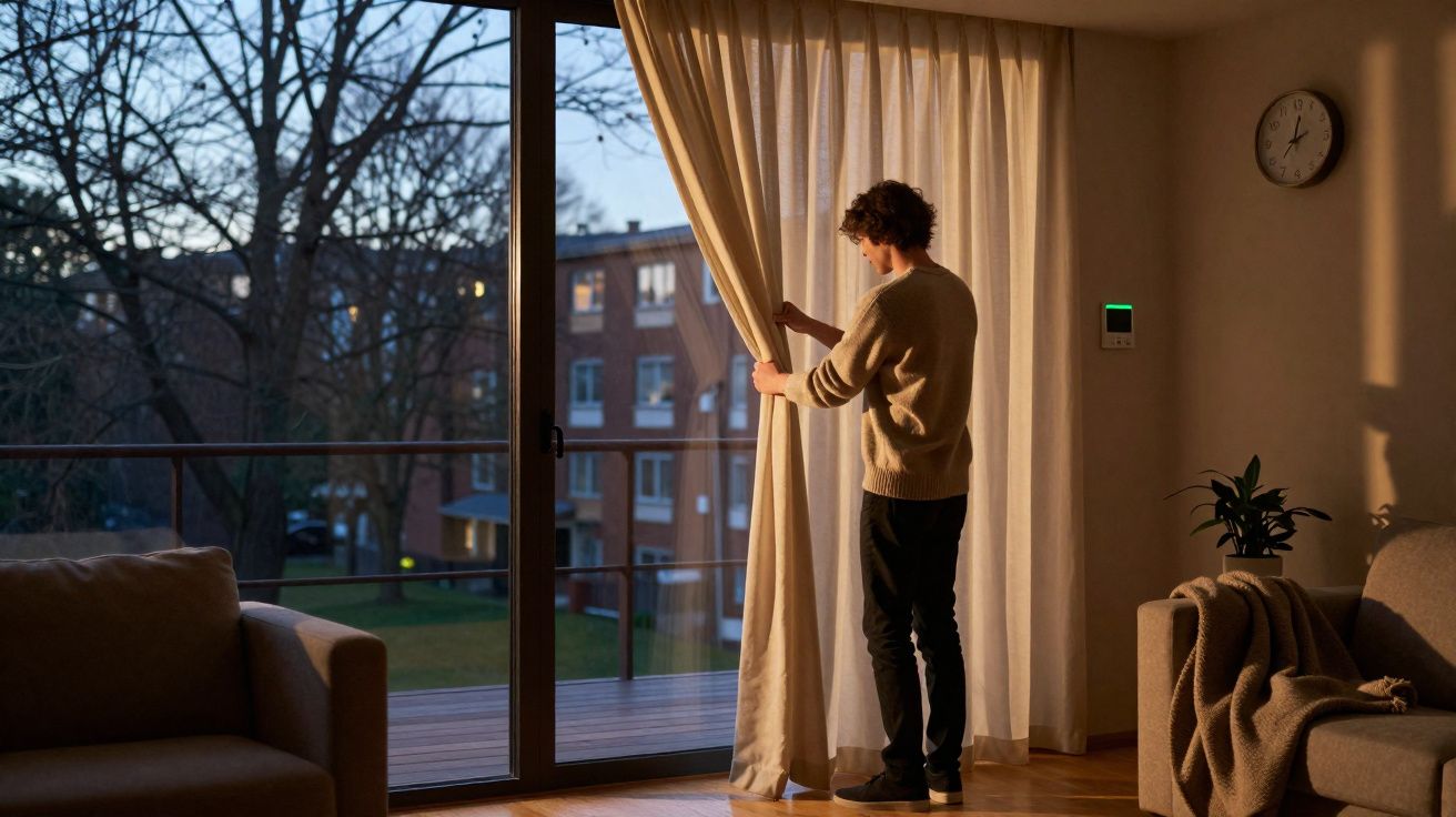 Pessoa a abrir cortinas numa sala com móveis e vista para árvores e edifícios ao entardecer.