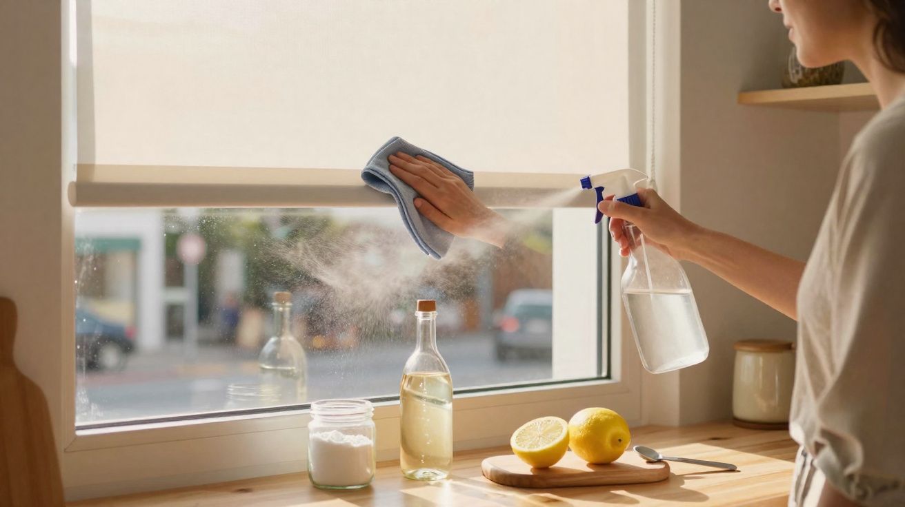Pessoa a limpar janela com pano azul e spray, perto de limão cortado e utensílios na cozinha.
