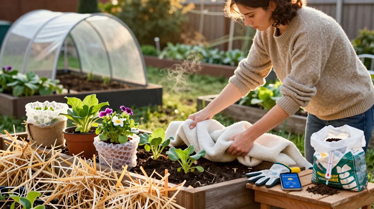 Mulher a cobrir plantas jovens com manta em canteiro elevado num jardim ao fim da tarde.