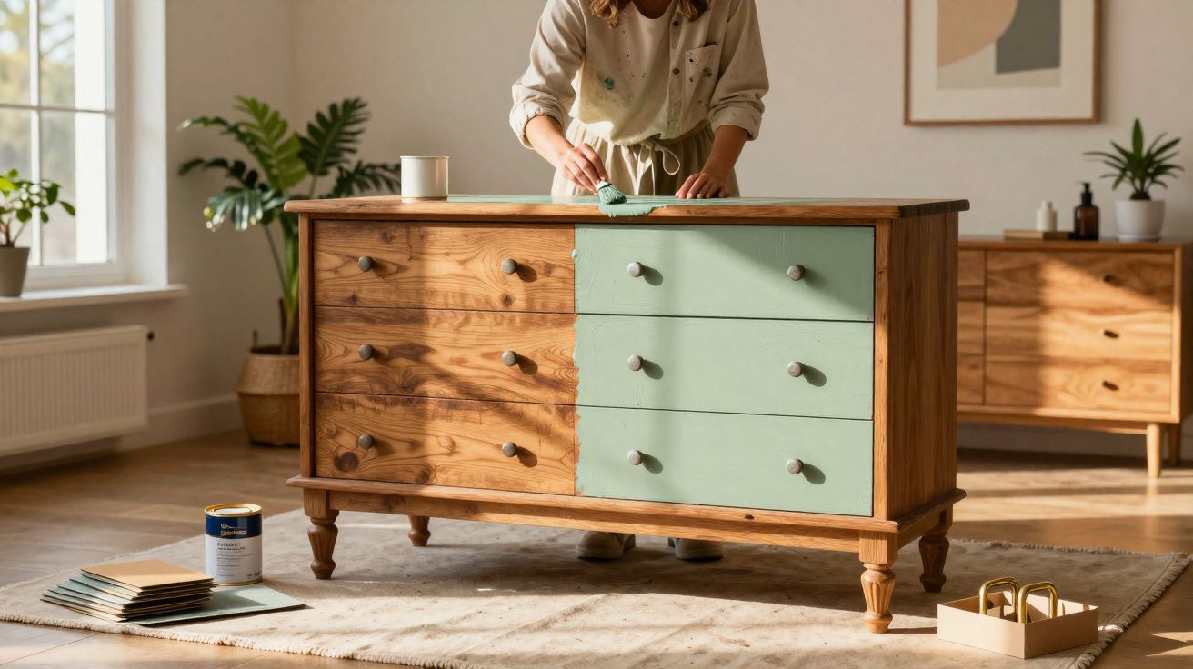 Pessoa a pintar móvel de madeira com tinta verde num quarto iluminado por luz natural.