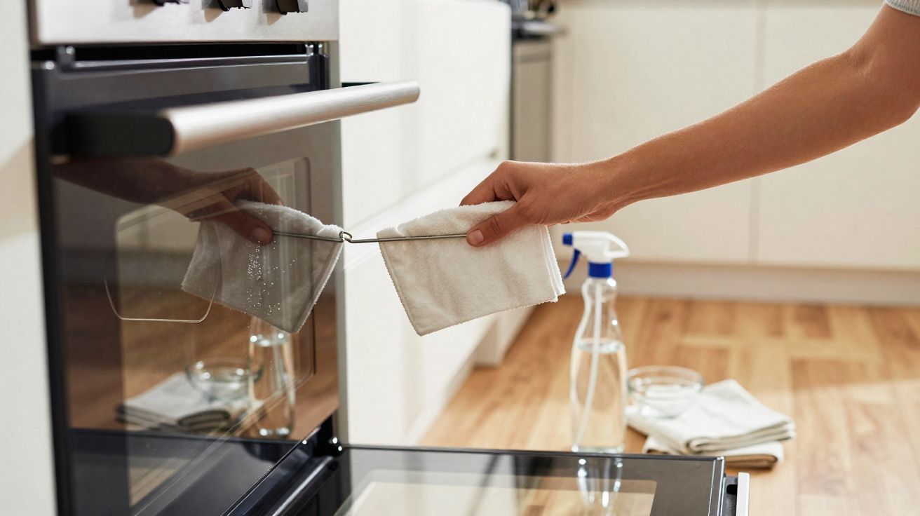 Pessoa a limpar a porta do forno com um pano branco e uma espátula metálica numa cozinha moderna.