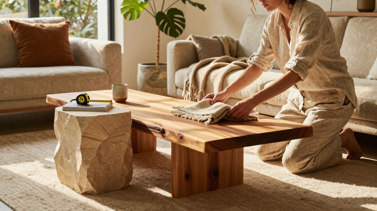 Pessoa a limpar mesa de madeira numa sala com sofá e decoração natural.