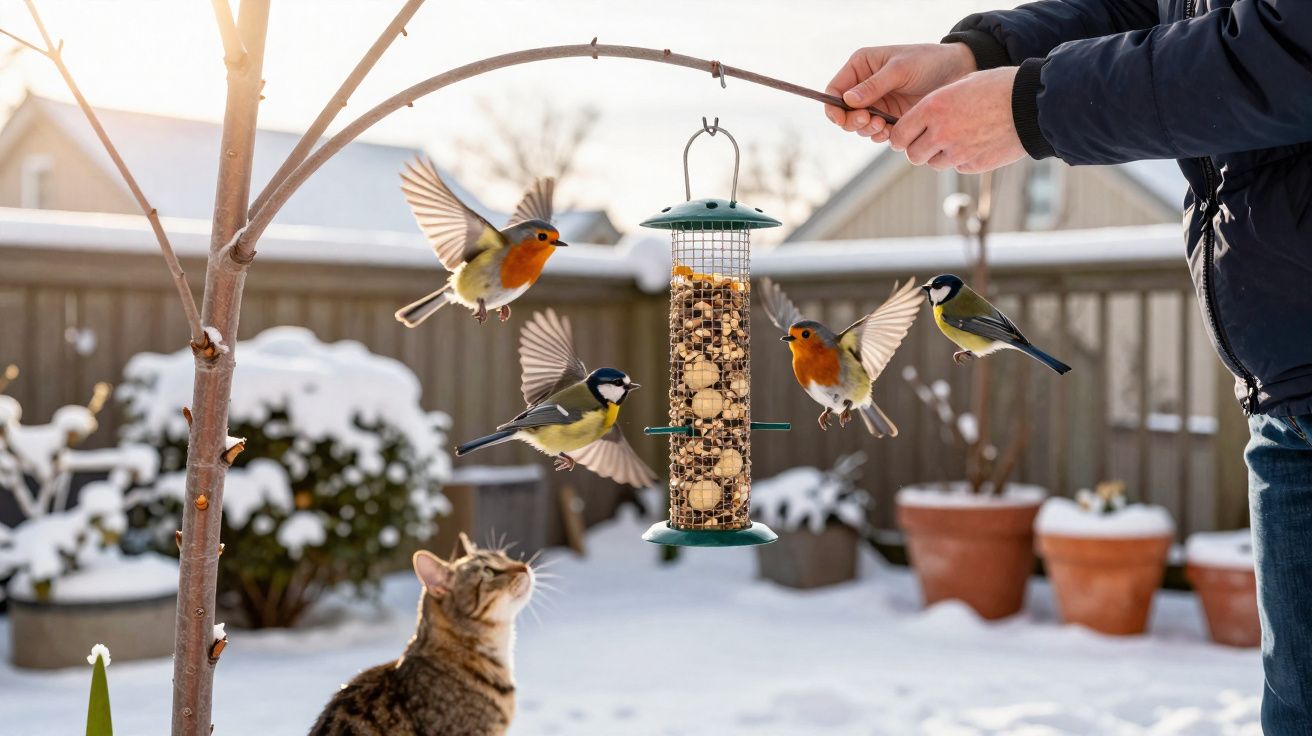 Pássaros a voar junto a um comedouro de sementes suspenso, com um gato observando no chão coberto de neve.