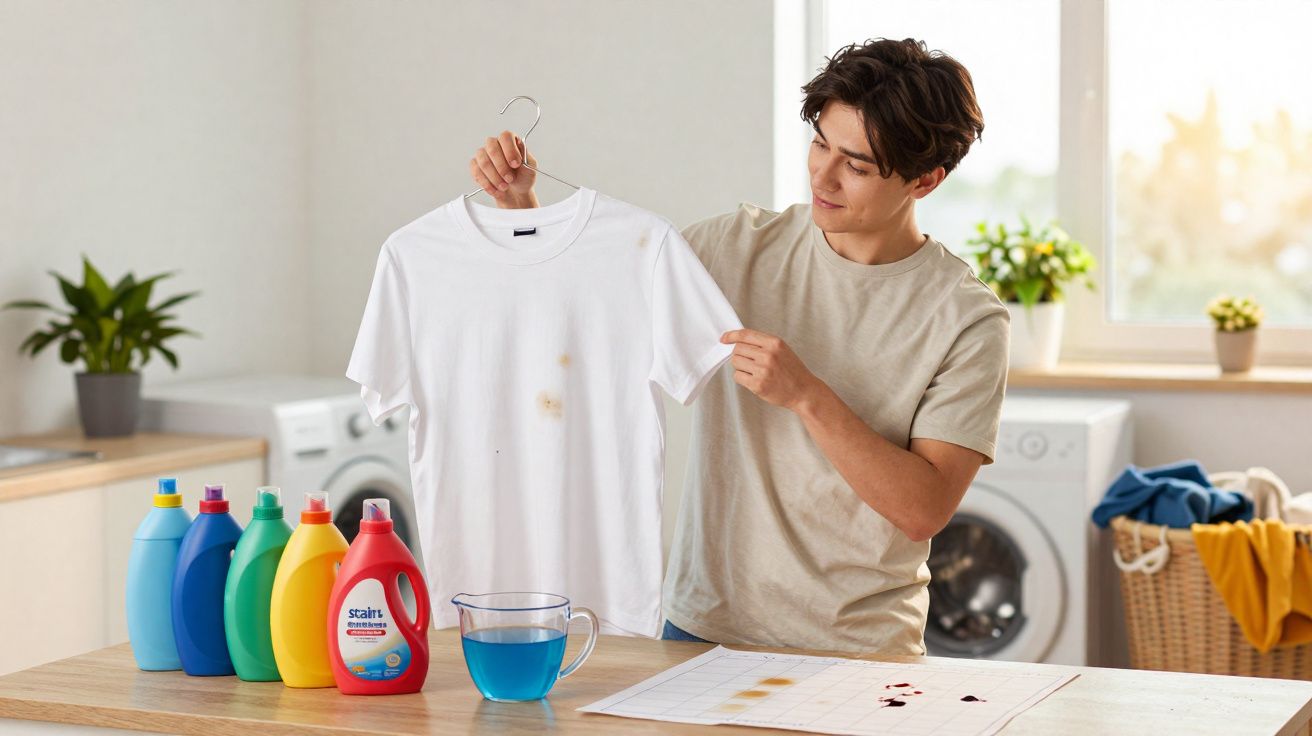 Homem mostra t-shirt branca com manchas, vários detergentes coloridos e uma garrafa com líquido azul numa cozinha.