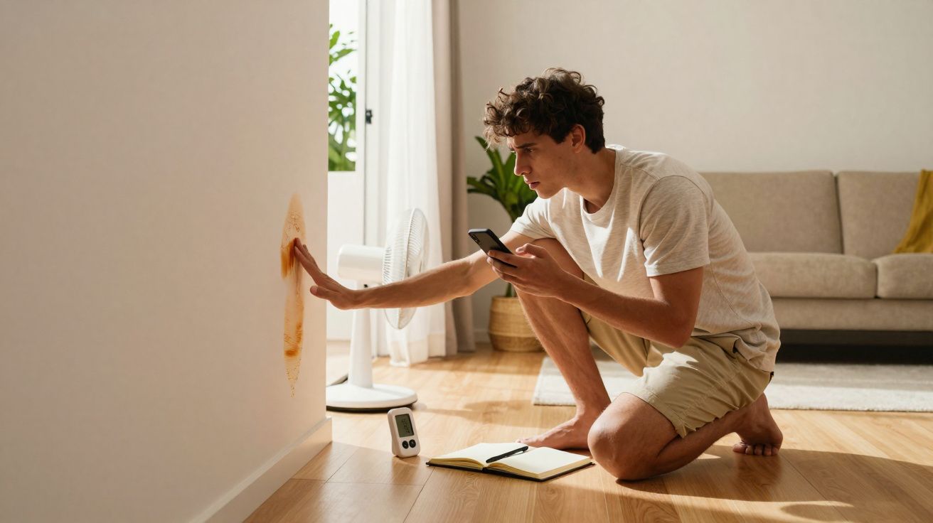 Jovem a examinar uma parede com manchas de humidade, segurando um telemóvel e um caderno no chão.