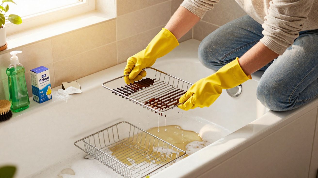 Pessoa a lavar uma grelha de metal na banheira usando luvas amarelas de borracha.