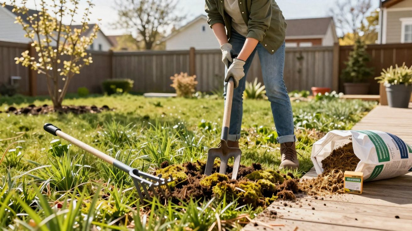 Pessoa a cuidar do jardim, usando uma ferramenta para cavar a terra num dia ensolarado.