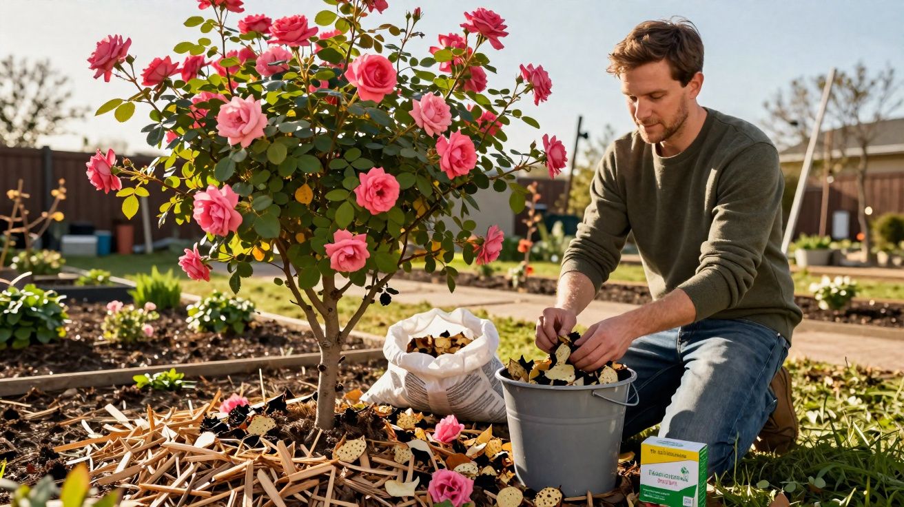 Homem a adubar uma roseira rosa num jardim ensolarado com terra e flores ao redor.