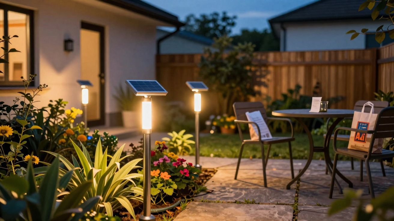 Jardim iluminado à noite com lâmpadas solares, plantas, mesa e cadeiras num espaço exterior acolhedor.