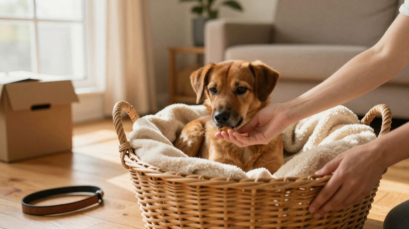 Cão castanho sentado numa cama de vime com mantas, a ser alimentado por uma pessoa numa sala iluminada.