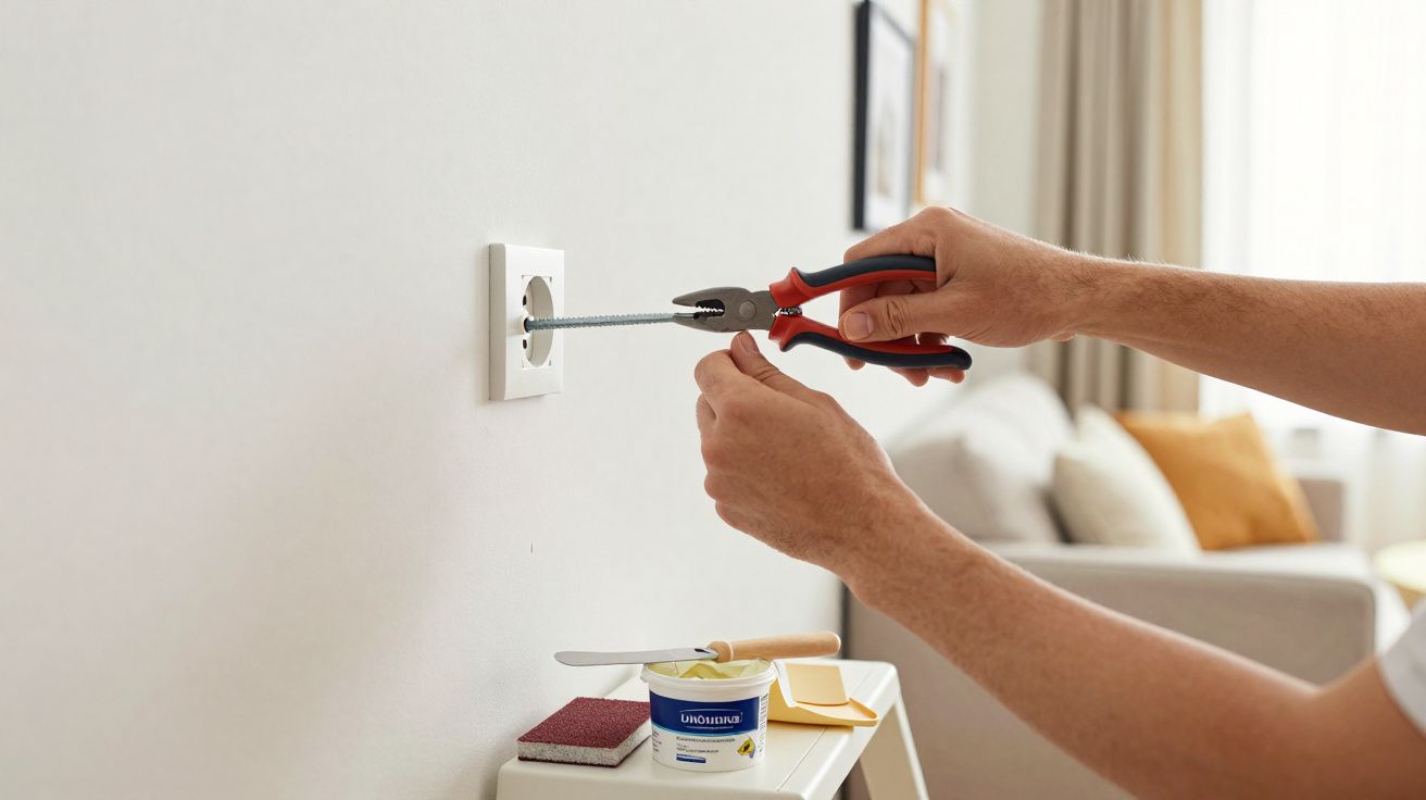 Mãos a instalar uma tomada elétrica na parede usando um alicate e uma ferramenta com cabo vermelho e preto.