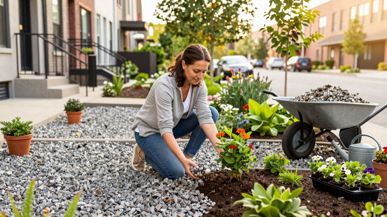 Mulher a plantar flores num jardim urbano com carrinho de mão e flores à volta numa rua residencial.