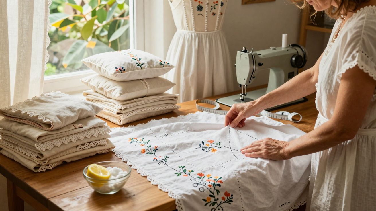 Mulher borda tecido branco com padrão floral colorido numa mesa com máquina de costura e roupa dobrada.
