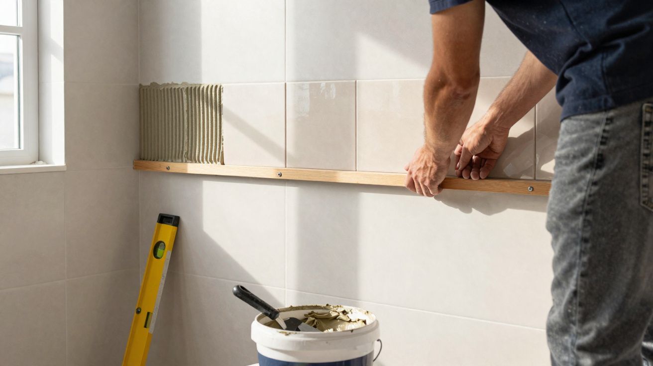 Homem a instalar azulejos com régua de madeira e balde de argamassa numa parede interior branca.