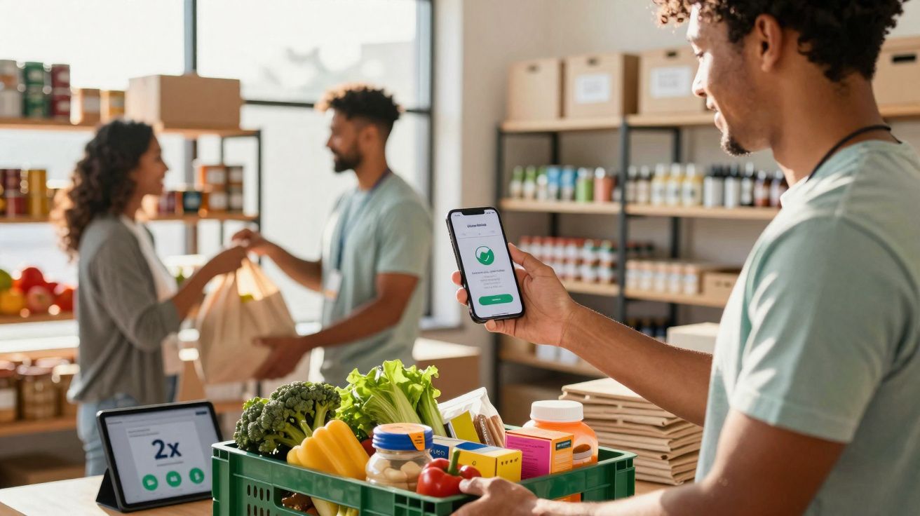 Pessoa a usar telemóvel para pagamento digital num supermercado com legumes e frutas na caixa.