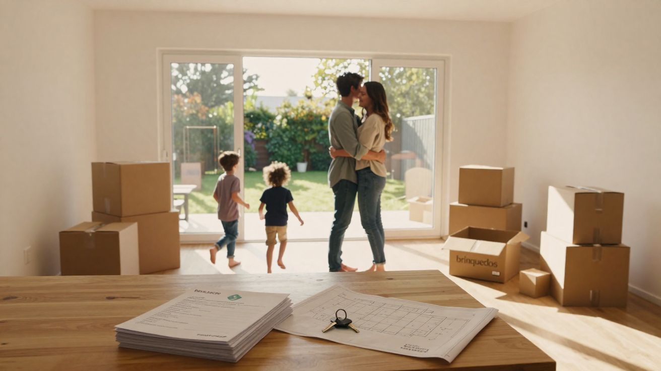 Família com dois filhos em sala vazia com caixas de mudança e documentos sobre mesa iluminada.