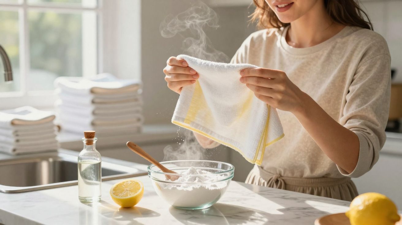 Mulher a usar pano sobre vapor quente numa cozinha com ingredientes naturais ao lado.