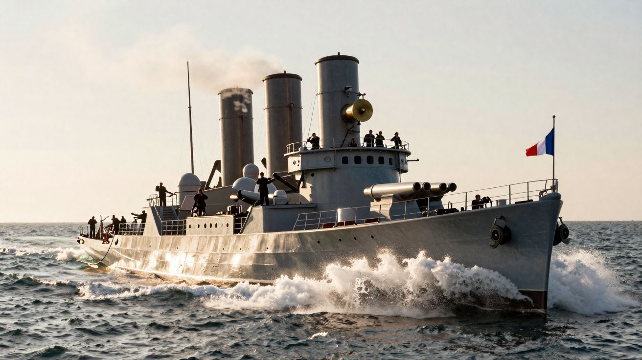 Navio de guerra antigo francês a navegar no mar com várias pessoas a bordo e ondas a bater na proa.