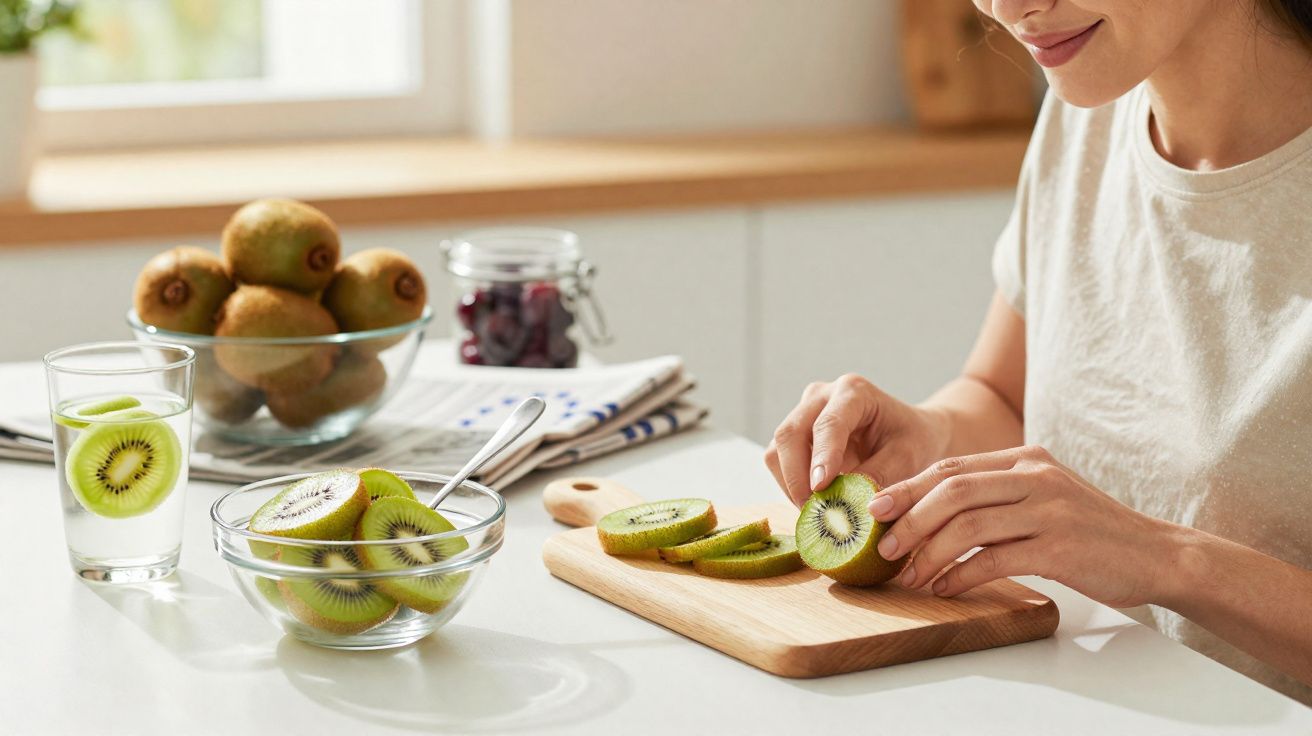 Pessoa fatiando kiwi numa tábua de madeira, com tigela de kiwis e copo de água na bancada da cozinha.