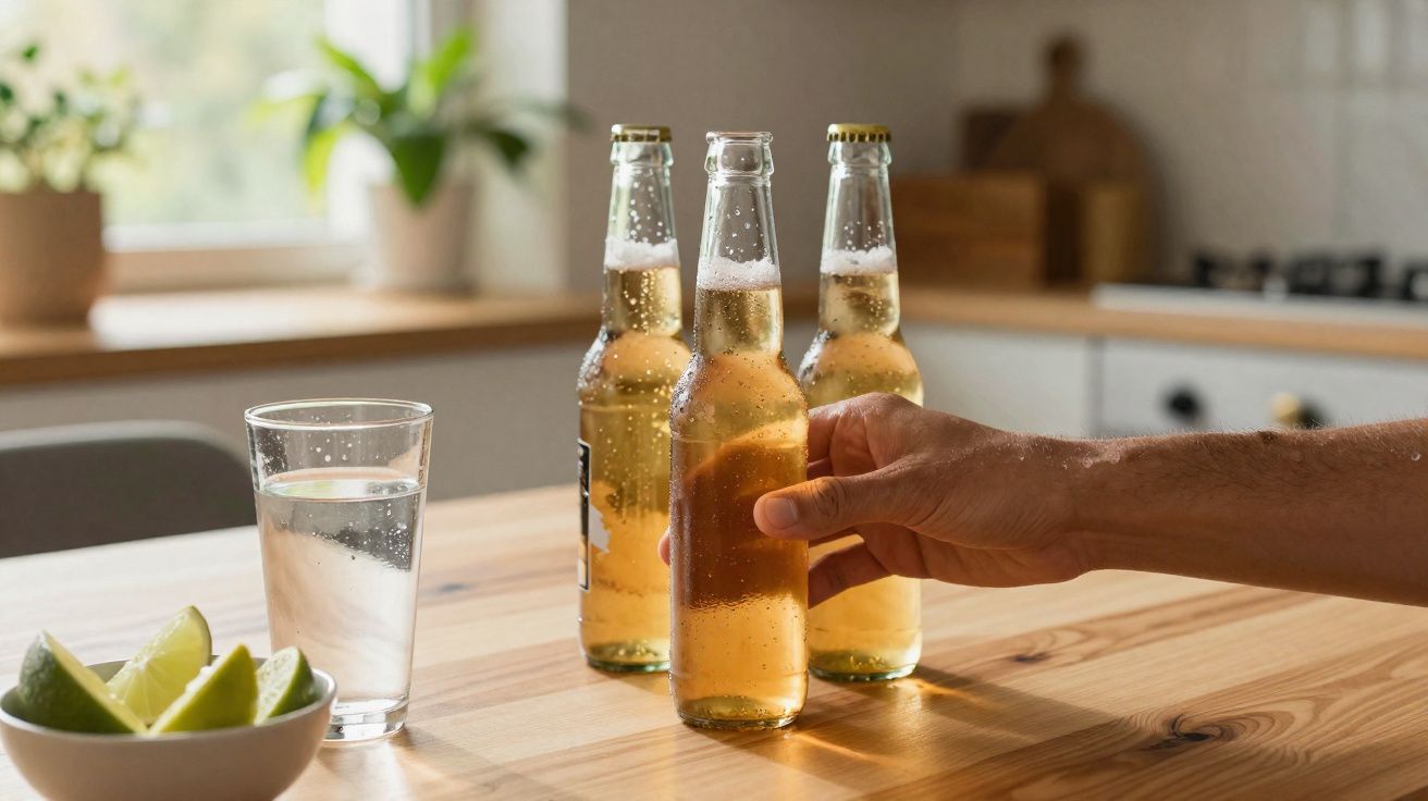 Mão a segurar garrafa de cerveja numa mesa com duas garrafas, copo de água e limões cortados.