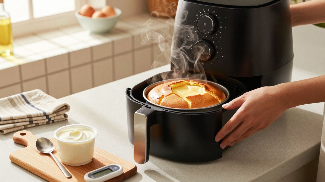 Mão a retirar bolo quente acabado de sair da fritadeira elétrica de ar num balcão de cozinha iluminado.