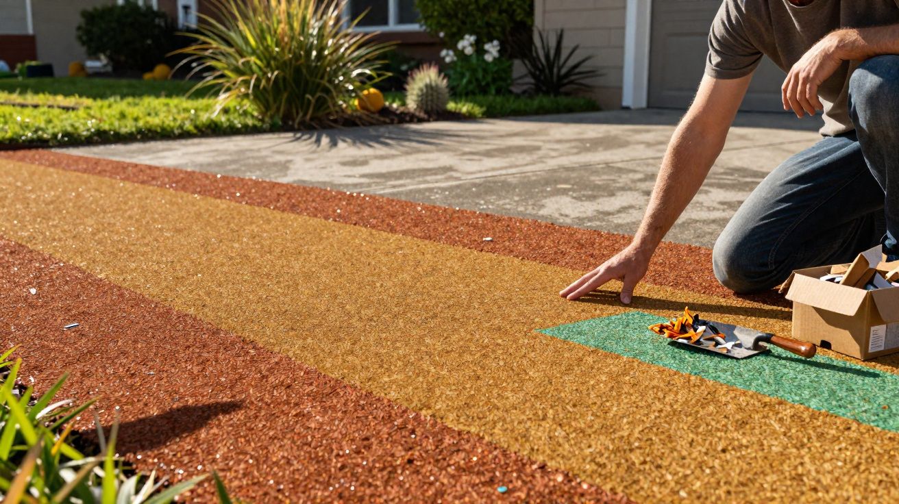 Pessoa a instalar pavimento em três cores numa entrada exterior perto de uma garagem.