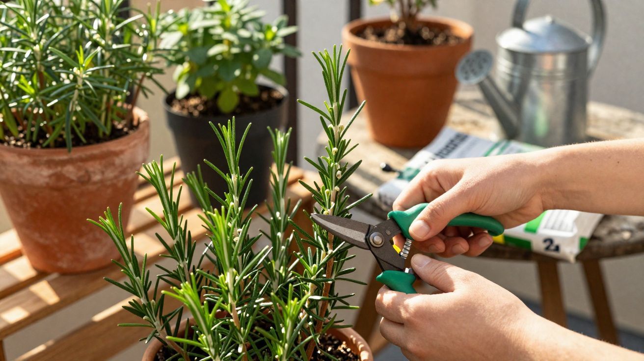 Pessoa a podar planta de alecrim em vaso num ambiente com várias plantas e regador ao fundo.