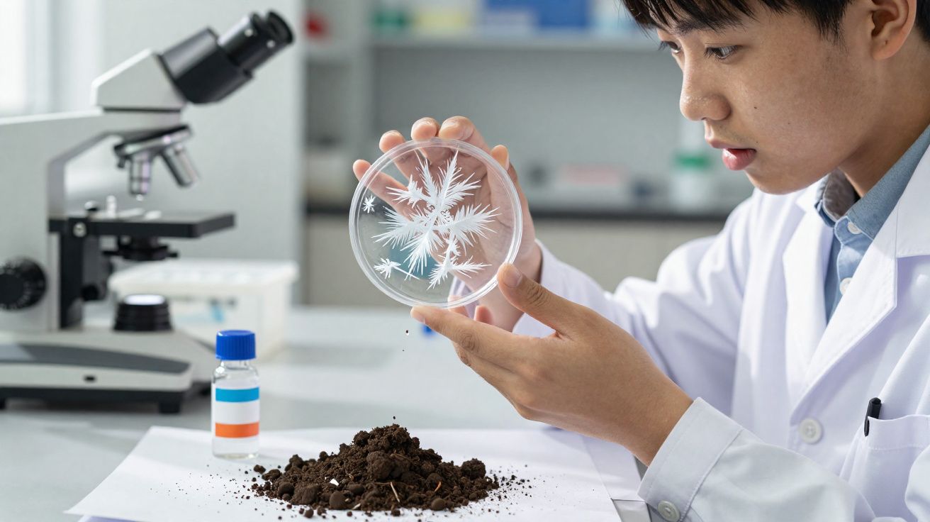 Cientista em laboratório observa cultura de microrganismos numa placa de Petri junto a amostra de solo e microscópio.