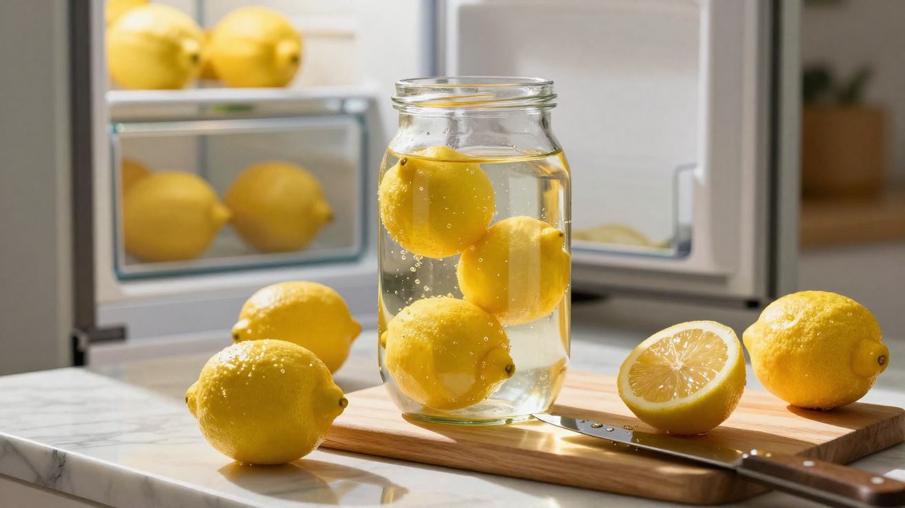 Jarro com limões dentro de água com bolhas, limões inteiros e cortados à frente e frigorífico ao fundo.
