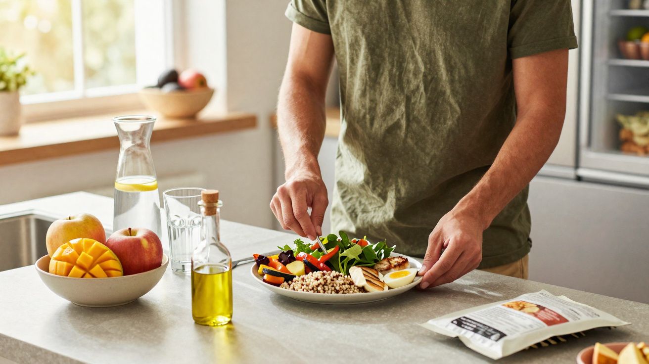 Pessoa a preparar um prato saudável com legumes, ovo e grãos numa cozinha moderna e bem iluminada.