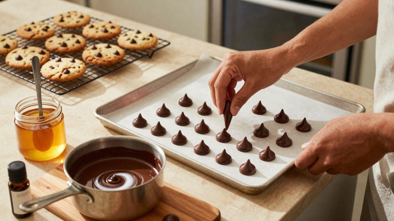 Pessoa a colocar gotas de chocolate num tabuleiro com biscoitos de chocolate já arrefecidos ao fundo.