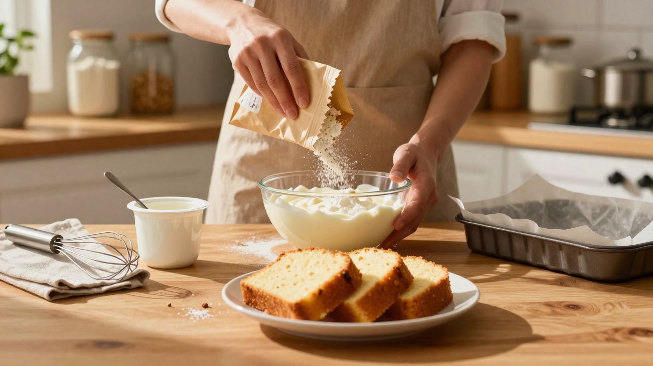 Pessoa a adicionar farinha a mistura numa tigela para preparar bolo numa cozinha iluminada.