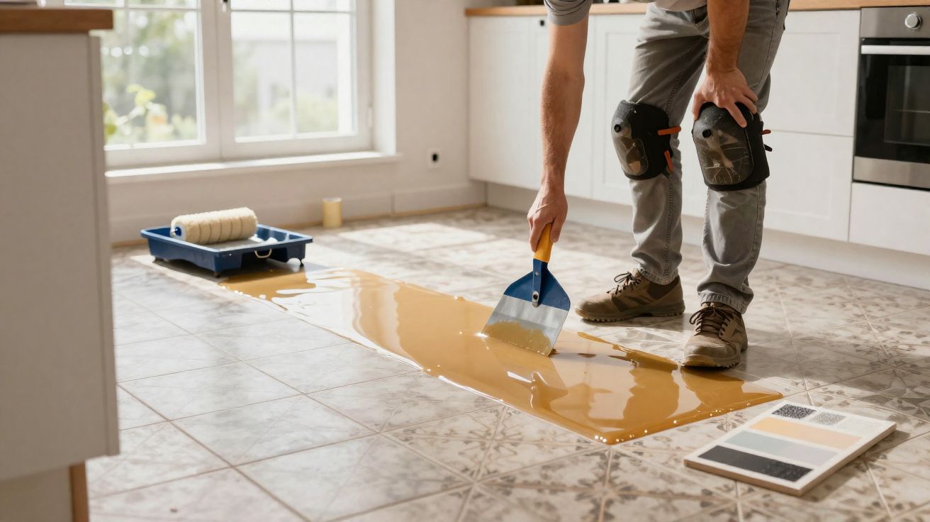 Pessoa a aplicar resina epóxi no chão de azulejos numa cozinha iluminada por luz natural.