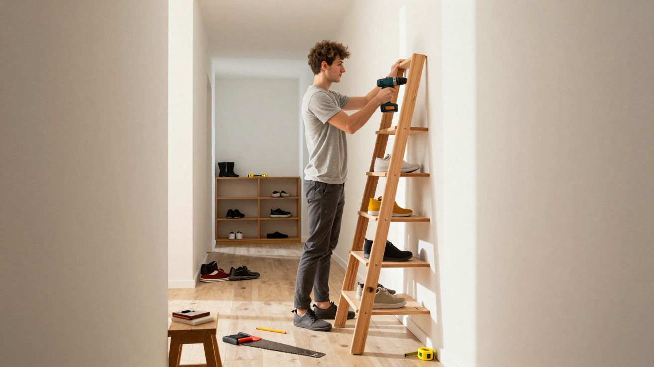 Homem a montar estante de madeira para sapatos numa área ampla de casa com chão de madeira clara.