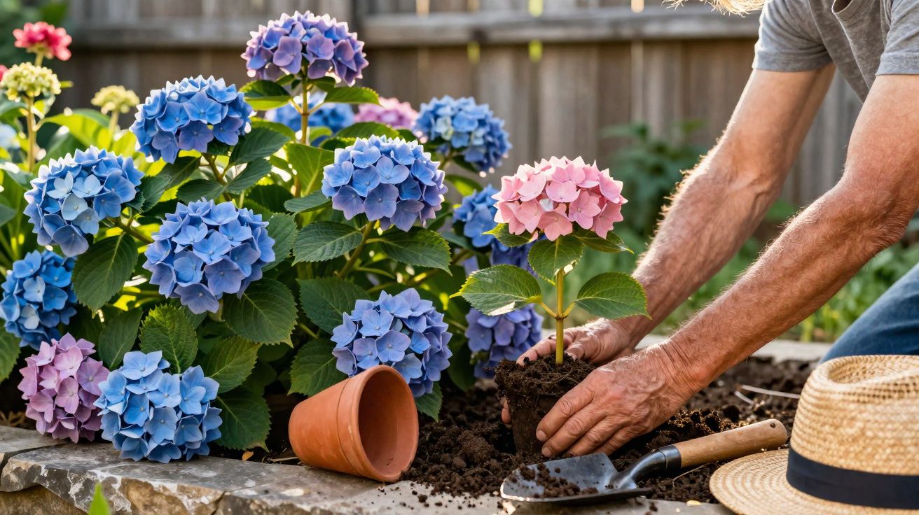 Pessoa a plantar uma hortênsia rosa perto de várias hortênsias azuis num jardim ensolarado.
