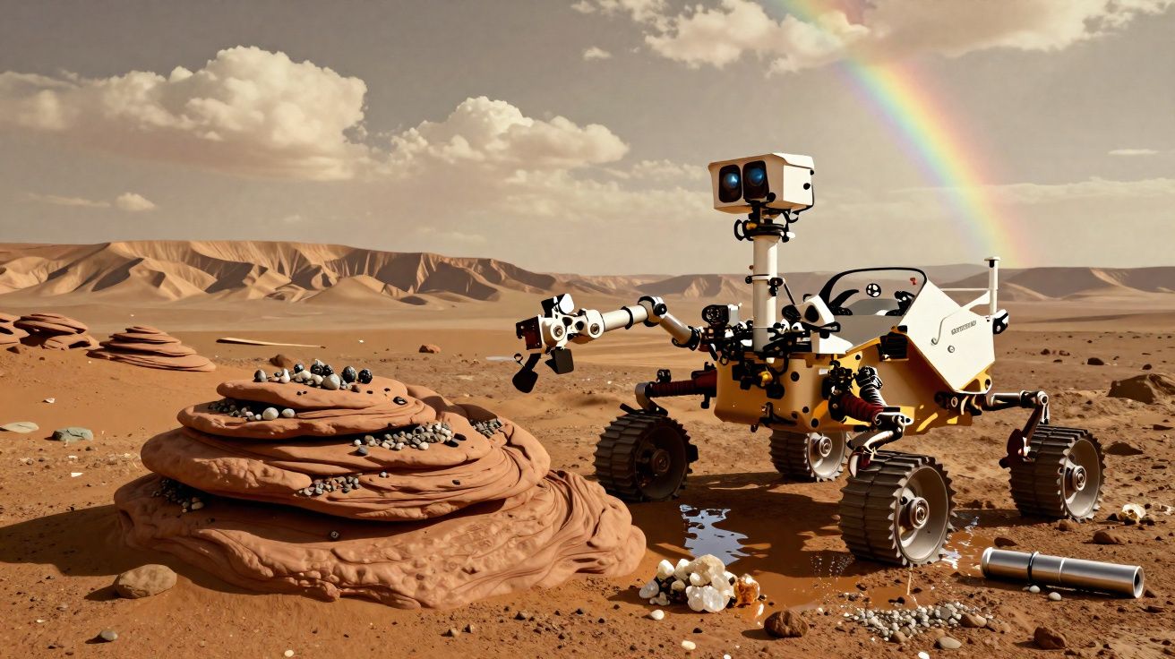 Rover explorando superfície marciana com formações rochosas e arco-íris no céu nublado.