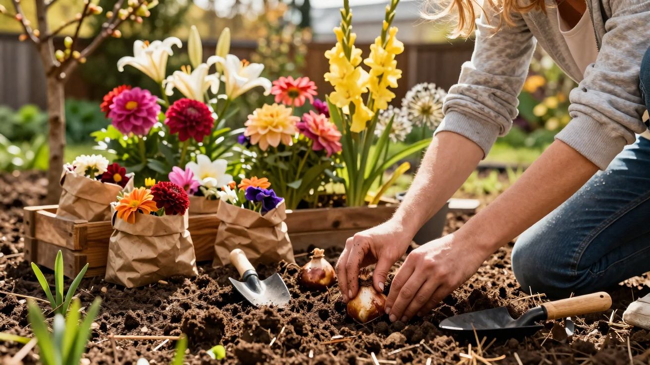 Pessoa a plantar bolbos de flores num canteiro com várias flores coloridas e ferramentas de jardinagem.