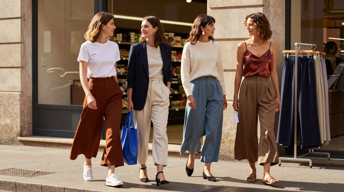 Quatro mulheres a caminhar na rua, vestidas com calças largas e roupas casuais elegantes.