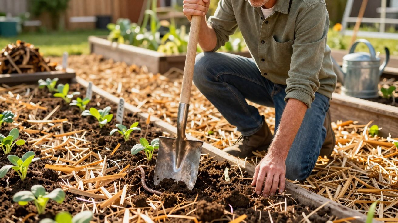 Homem a cavar terra com pá numa horta com plantas pequenas e cobertura de palha.