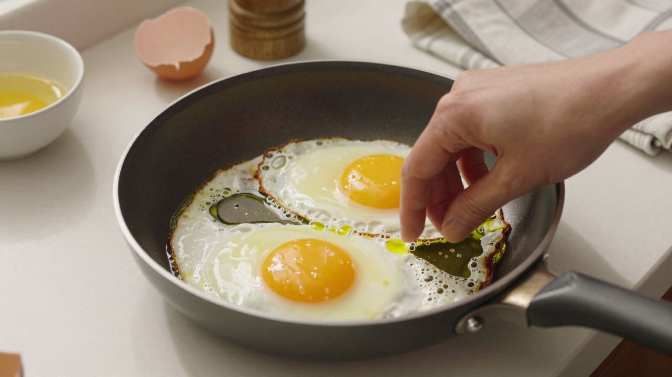 Mão tempera dois ovos a fritar numa frigideira preta sobre uma bancada branca com tigelas ao fundo.