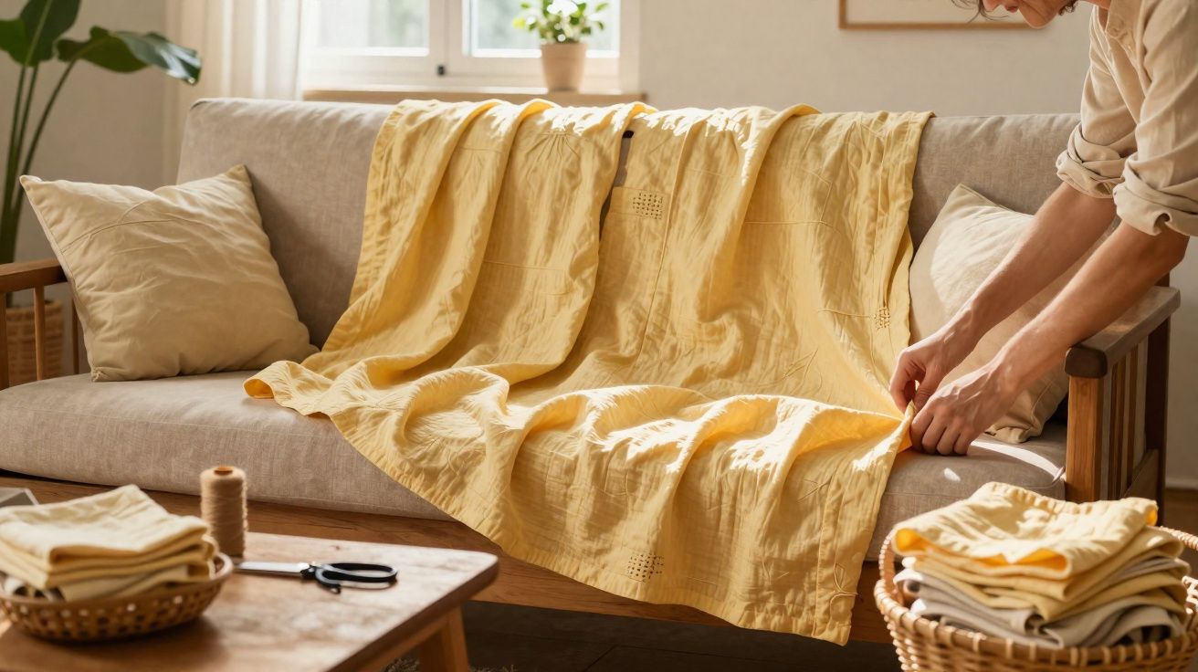 Pessoa ajusta manta amarela num sofá bege com almofada, em sala iluminada com mesa de madeira e plantas.