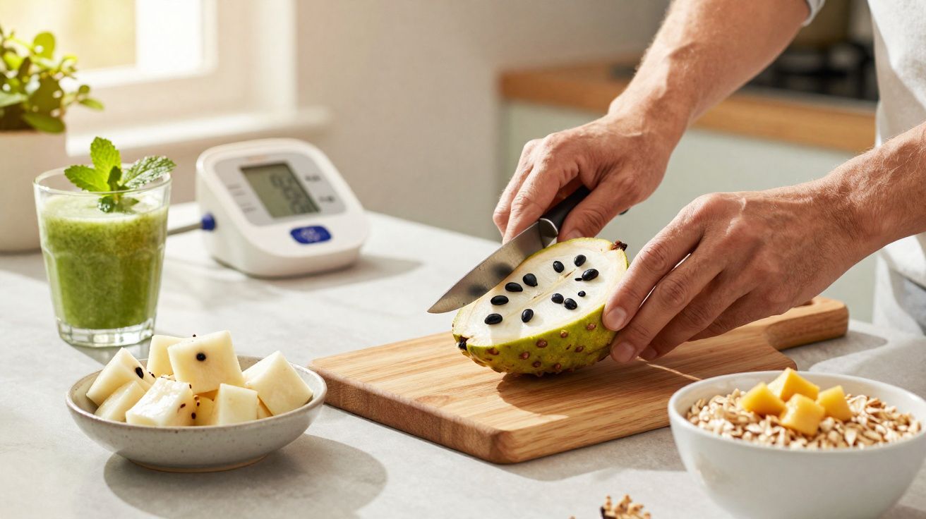 Pessoa a cortar fruta fresca num tabuleiro de madeira com sumo verde e monitor de pressão arterial ao fundo.