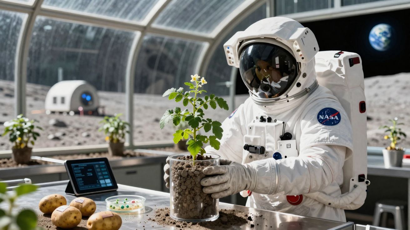 Astronauta da NASA em estação lunar cultivando planta em vaso de vidro com solo lunar.