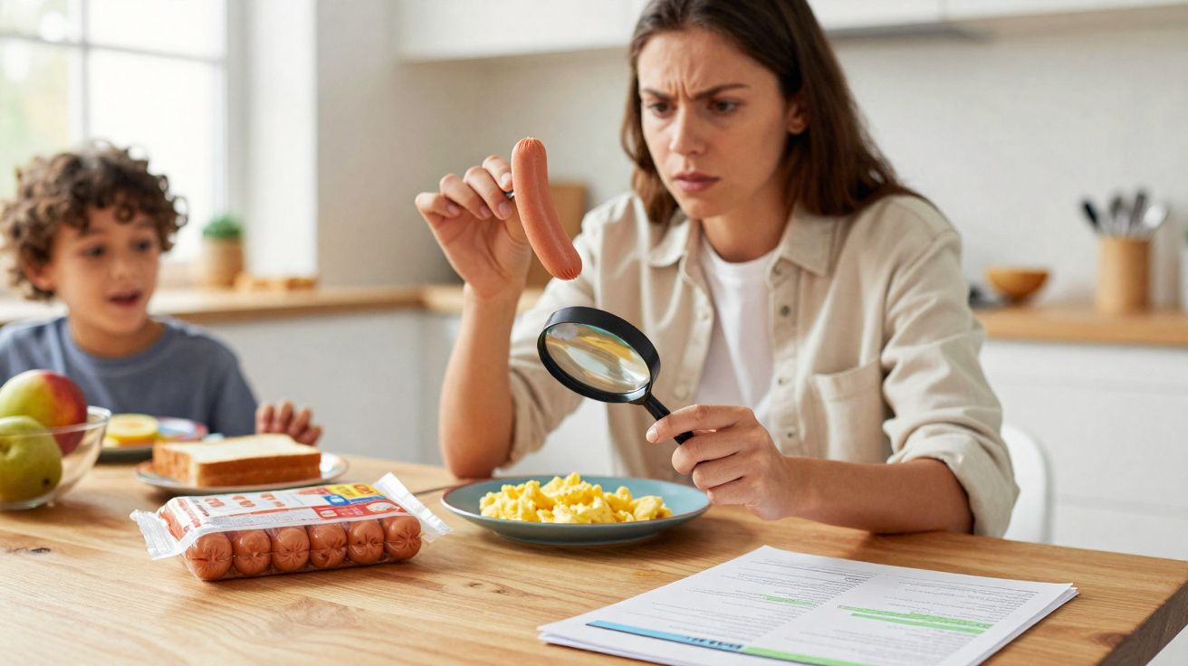 Mulher analisa salsicha com lupa na cozinha enquanto criança espera ao fundo.