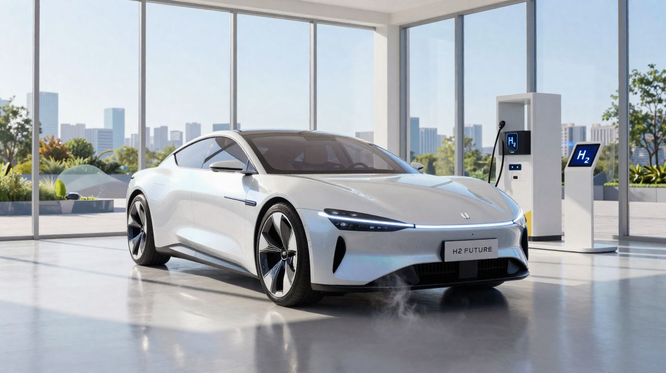 Carro elétrico branco moderno a abastecer com hidrogénio numa estação dentro de um edifício luminoso e urbano.