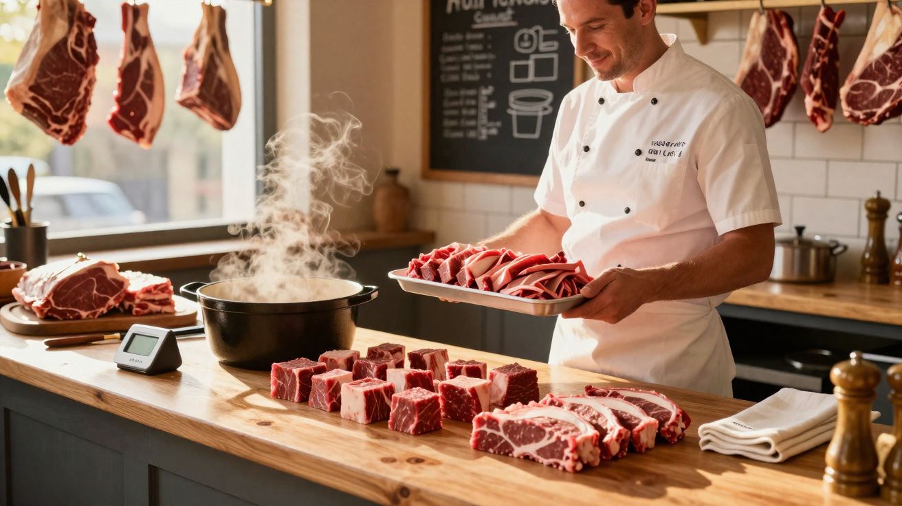 Chef com uniforme branco manuseia carne num balcão de madeira com varias peças e panela a ferver.